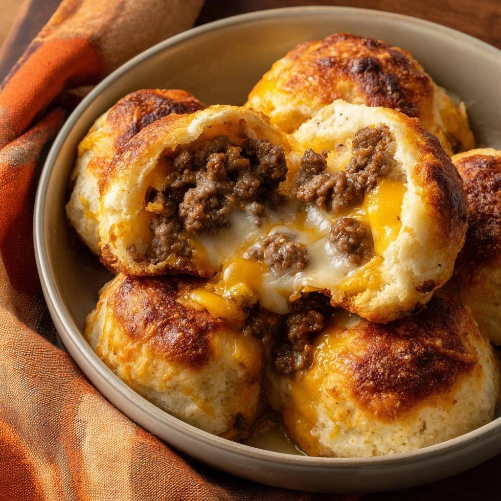 Cheeseburger stuffed biscuits cross-section showing gooey melted cheese and seasoned ground beef filling.