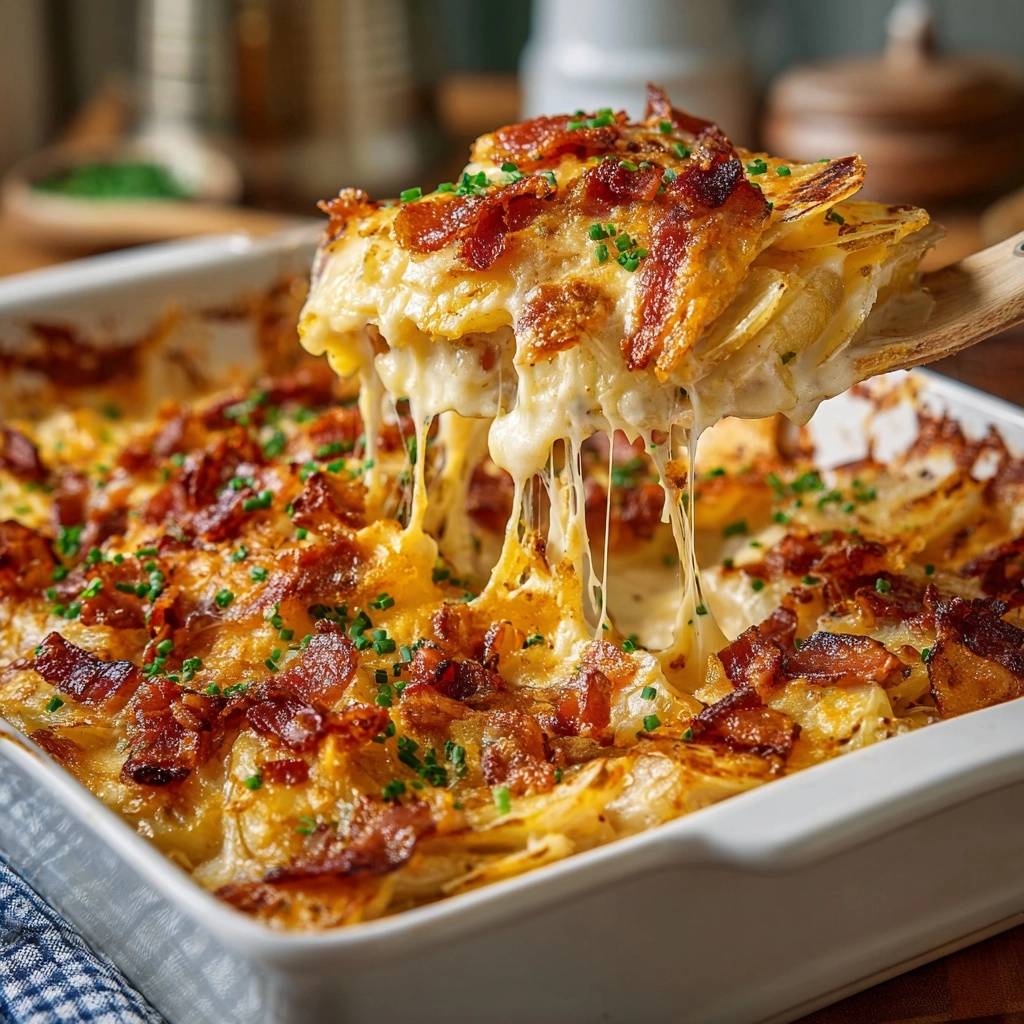 Cheesy bacon scalloped potatoes being served, showing a generous cheesy pull from a wooden spoon.