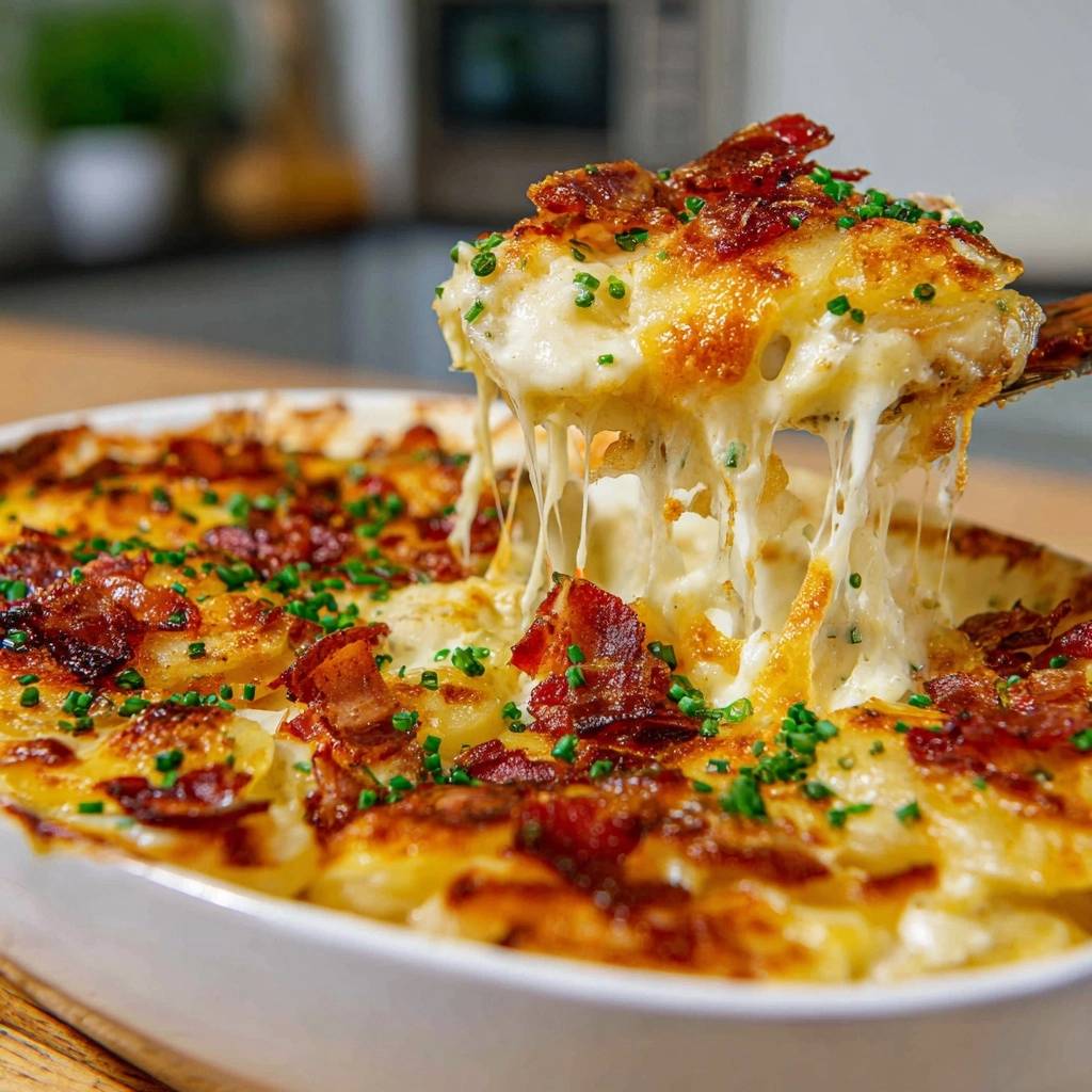 Cheesy bacon scalloped potatoes showing a gooey cheese pull as a spoonful is lifted from the white baking dish.