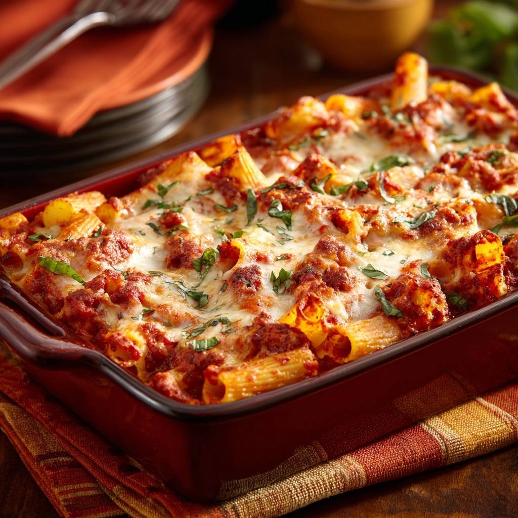 Cheesy baked rigatoni with a gooey melted cheese topping and fresh parsley garnish in a rustic dish.