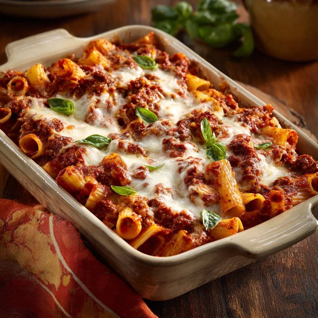 Cheesy baked rigatoni with a glistening, melted mozzarella topping and fresh basil garnish.