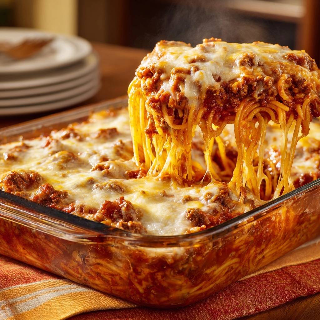Cheesy baked spaghetti with a generous portion being lifted, showcasing a satisfying gooey cheese pull.