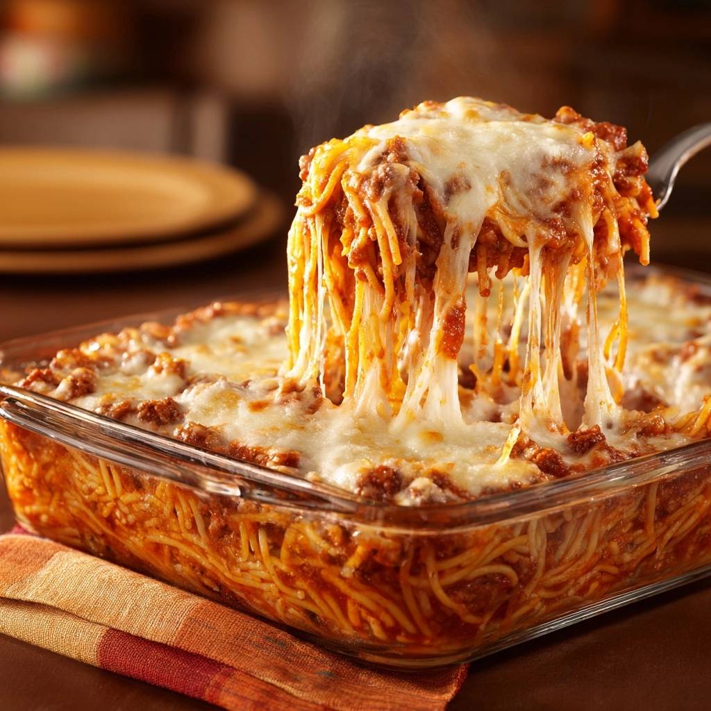 Cheesy baked spaghetti strands being lifted with melted cheese oozing out from the baking dish.