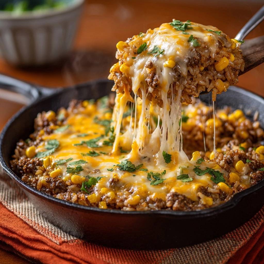 Cheesy beef corn rice skillet with a generous scoop being lifted, showing a long, gooey cheese pull.