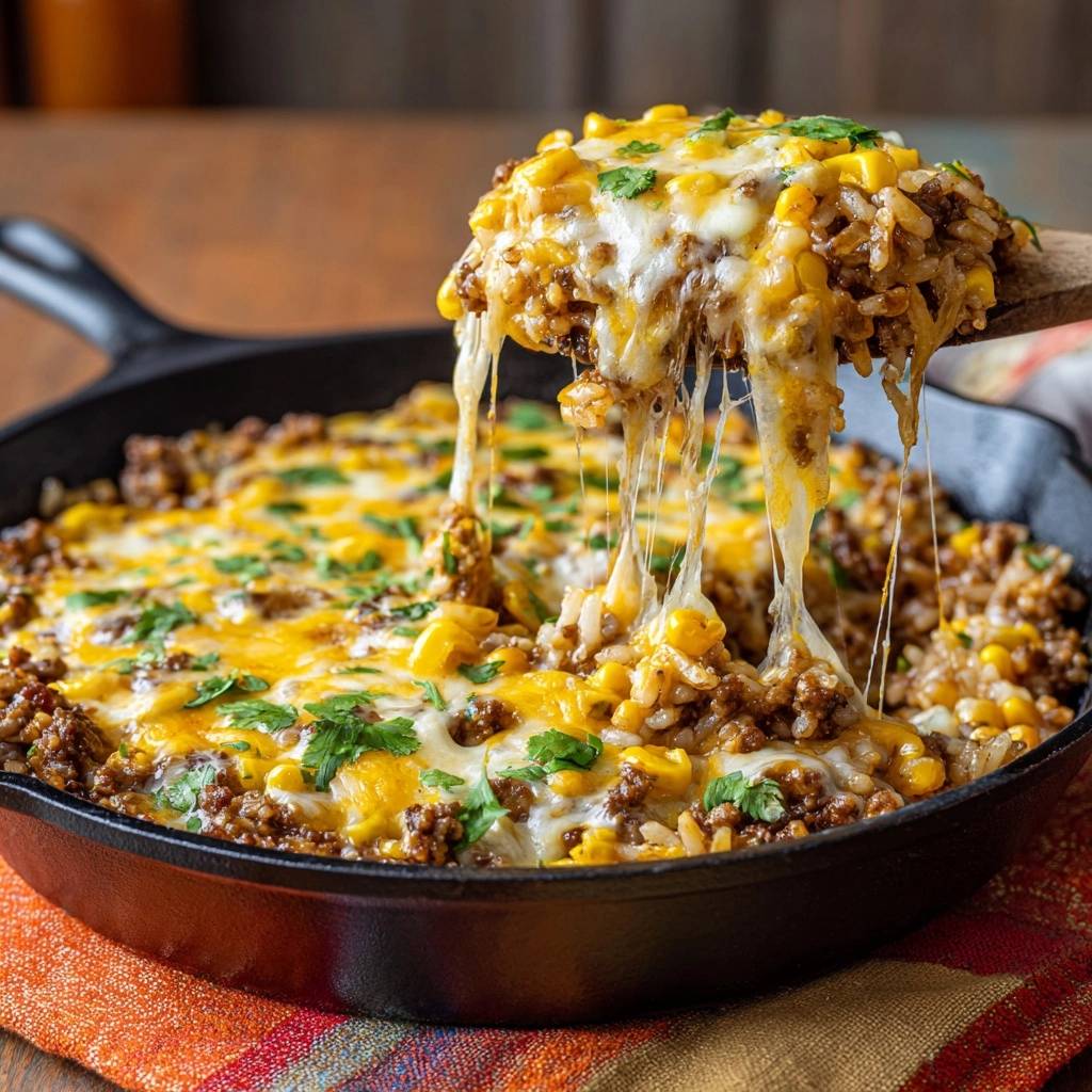 Cheesy beef corn rice skillet with melted cheese strings being lifted by a wooden spoon.