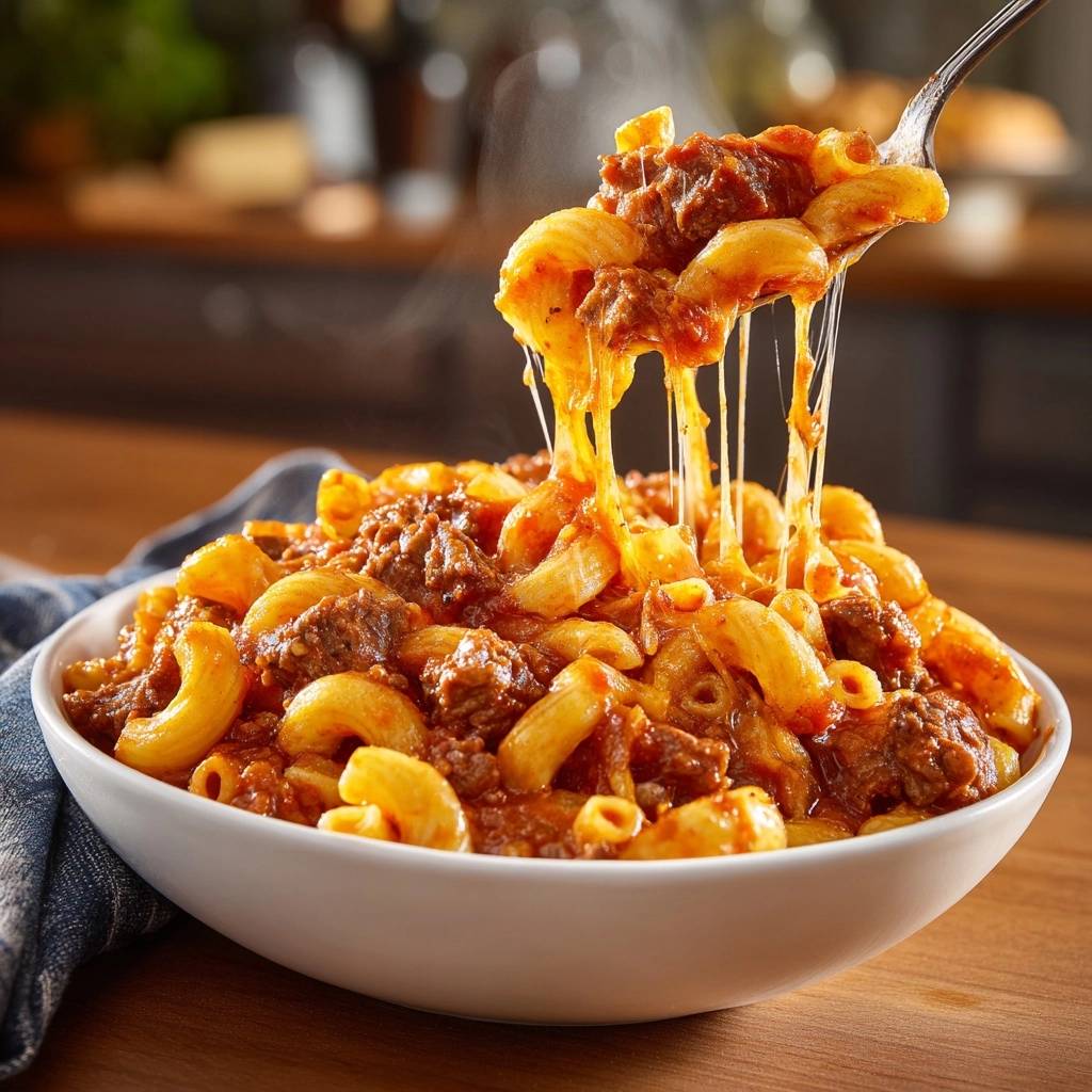 Cheesy beef elbow mac with thick clingy sauce, showing a generous cheese pull from a fork.