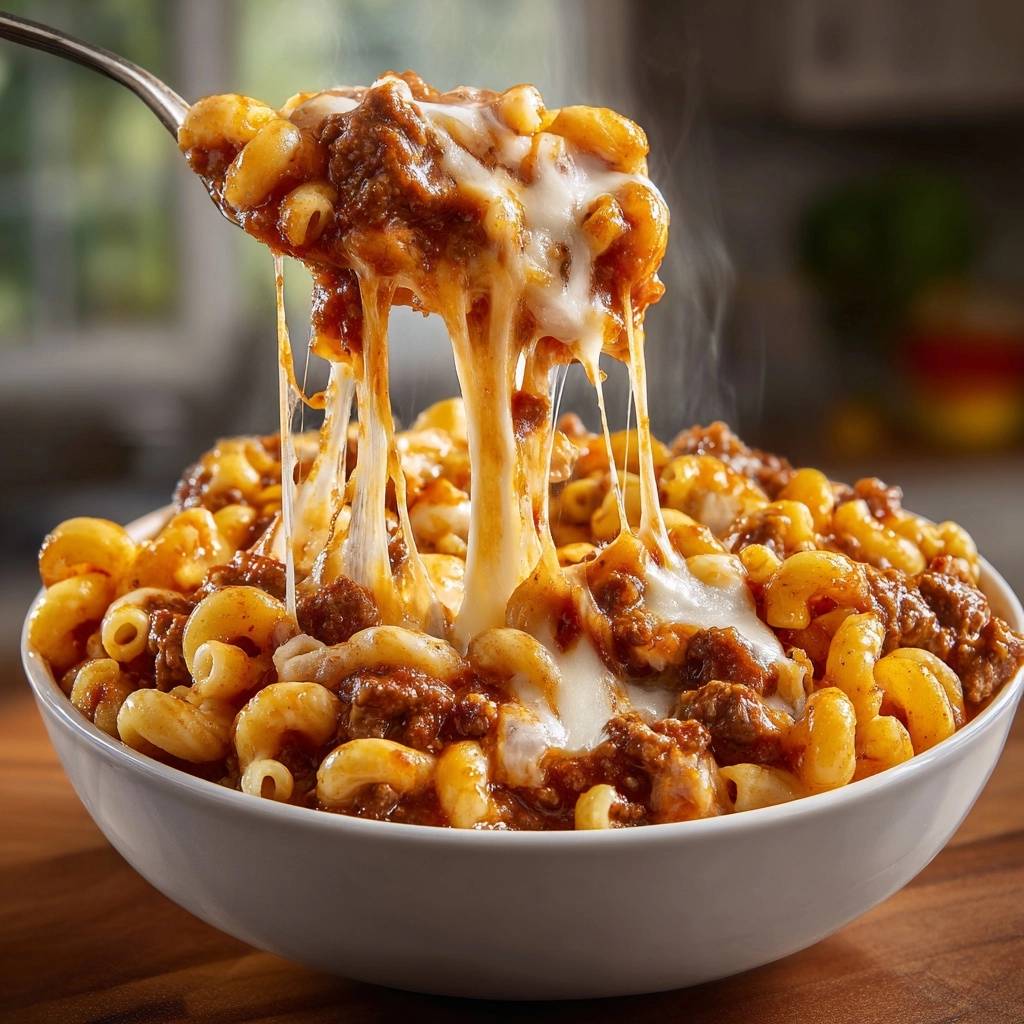 Cheesy beef elbow mac with thick clingy sauce being lifted with a spoon, showcasing melted cheese strands.
