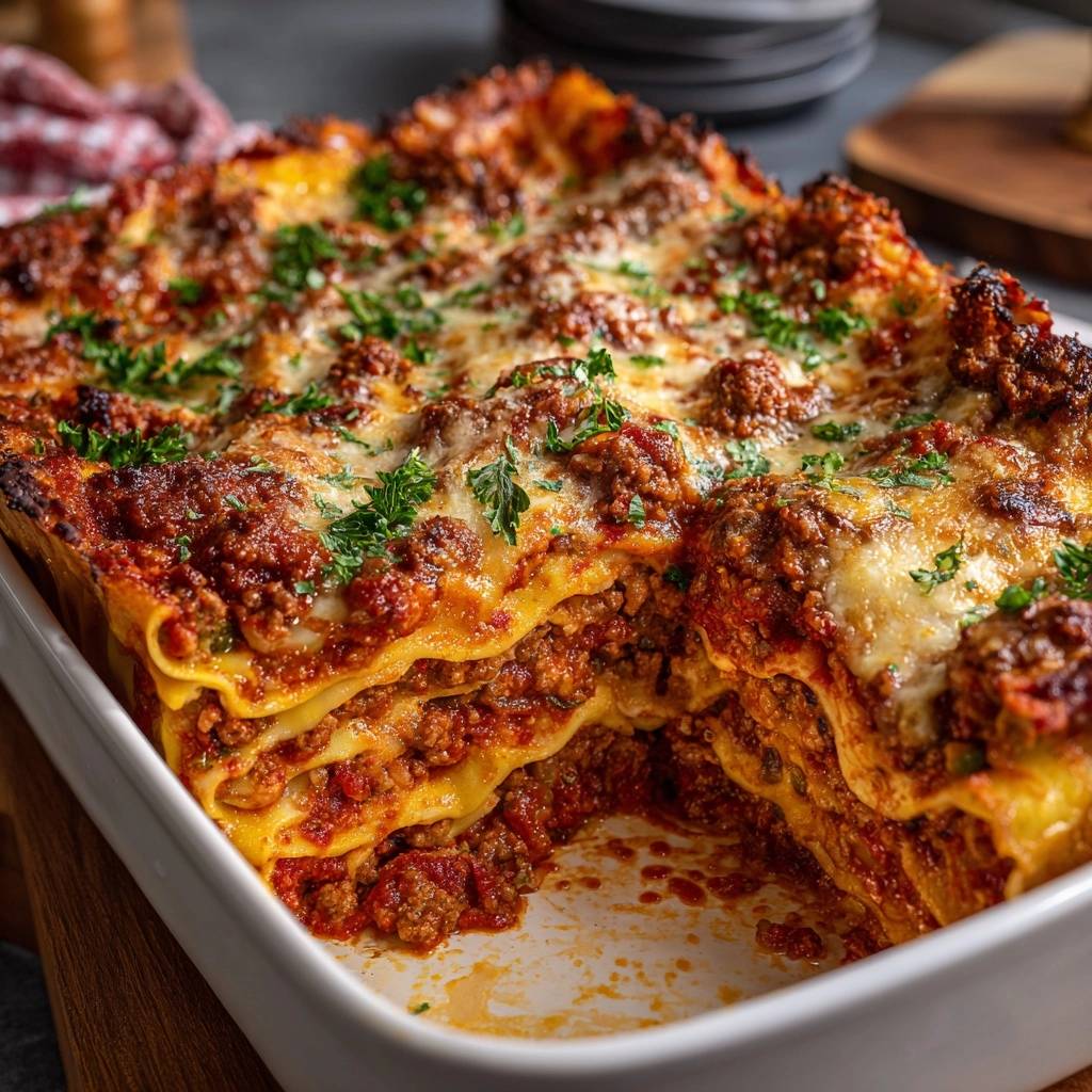 Cheesy beef lasagna with no watery layers, shown as a close-up cross-section revealing its layered pasta and rich meat sauce.