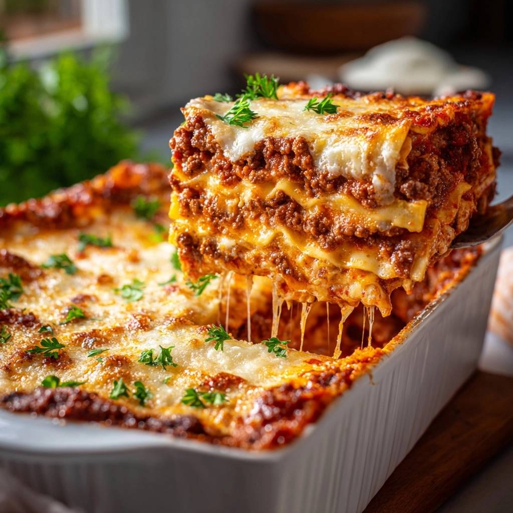 Cheesy beef lasagna cross-section showing layers of meat sauce and gooey melted cheese, garnished with parsley.