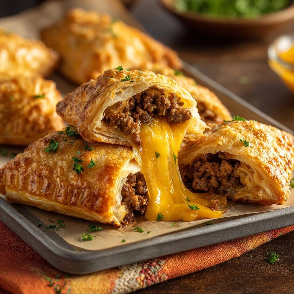 Cheesy beef puff pastry empanadas cross-section with a dramatic cheese pull and fresh parsley garnish.