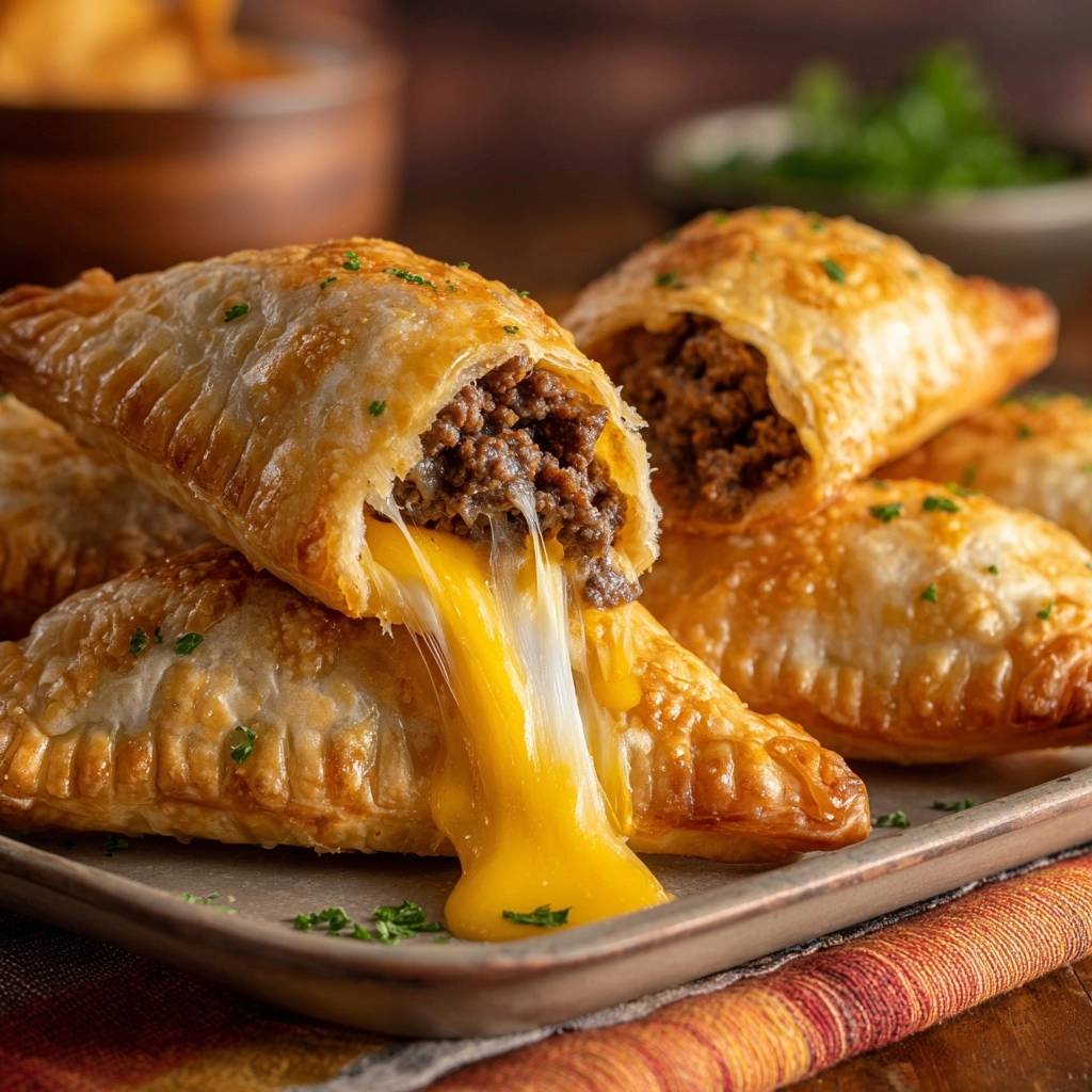 Cheesy beef puff pastry empanadas showing a gooey cheese pull from a freshly baked empanada.
