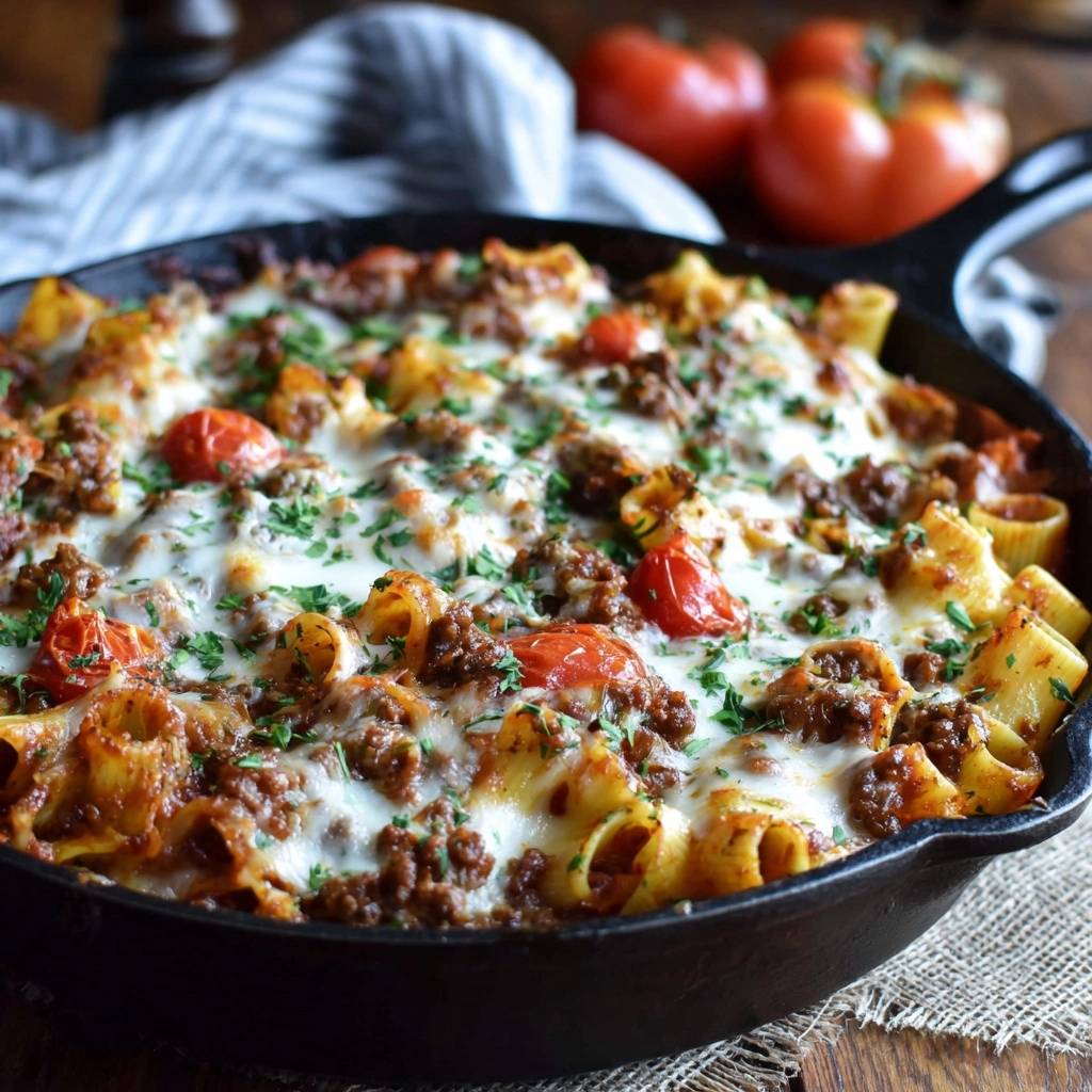One-Pan Cheesy Beef Rigatoni served in a rustic cast iron skillet, topped with melted cheese and fresh parsley.