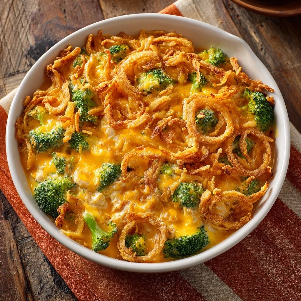 Cheesy broccoli casserole with a topping of crispy fried onions shown in a white baking dish.