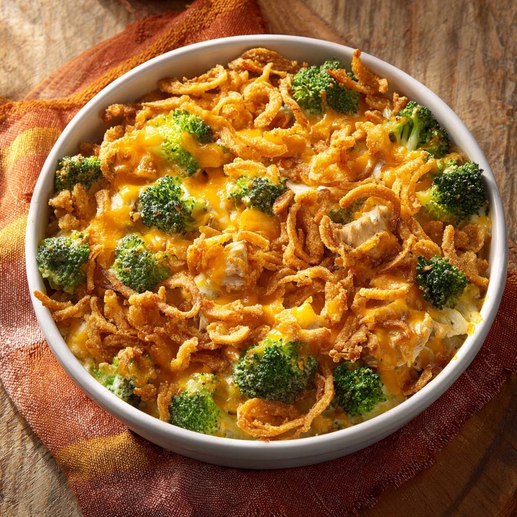Cheesy broccoli casserole with a topping of crispy fried onions and melted cheddar cheese.