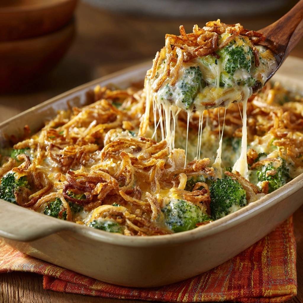 Cheesy broccoli casserole with crispy onion topping, being scooped with a wooden spoon showing a generous cheese pull.