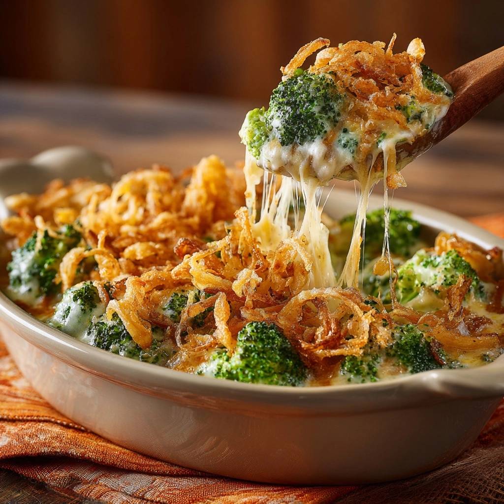 Cheesy broccoli casserole with crispy onion topping being scooped with a spoon, showing a long cheese pull.