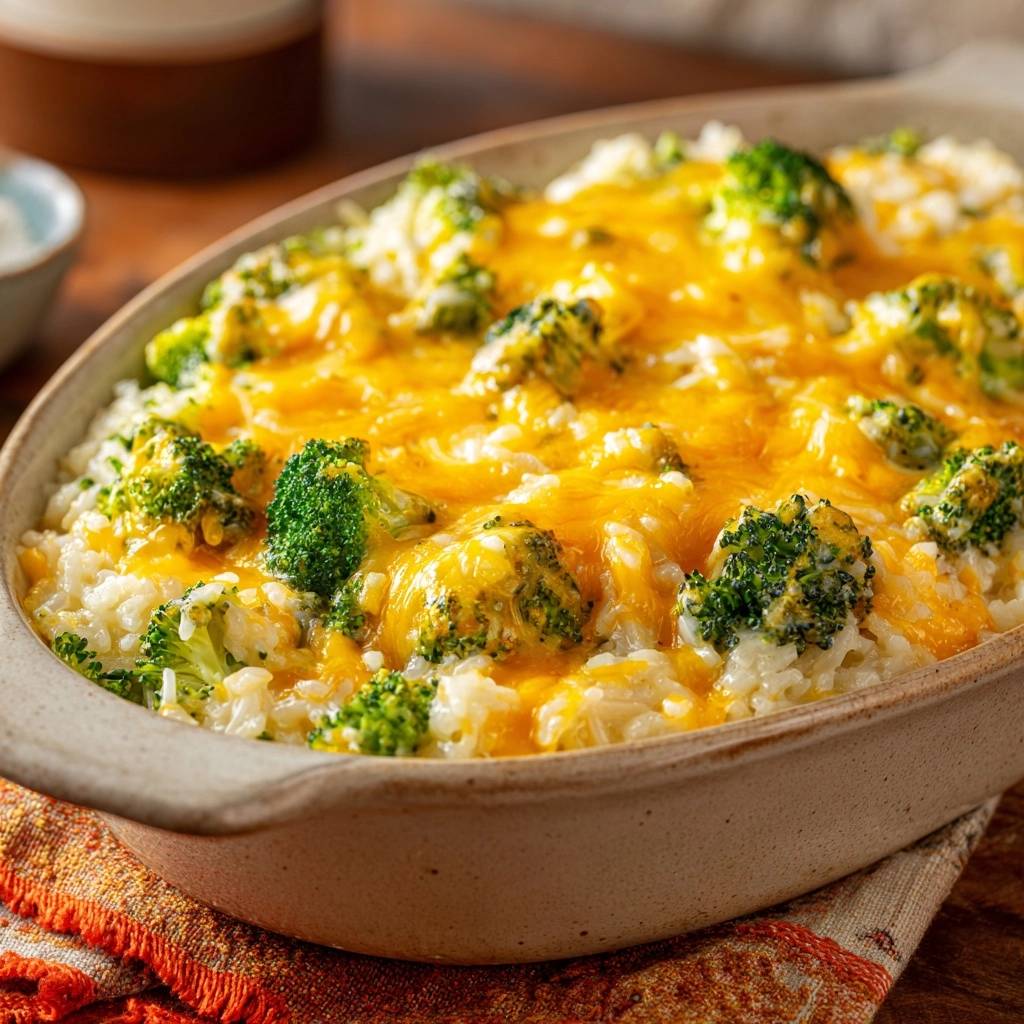 Cheesy broccoli rice casserole with a close-up view of melted cheddar cheese and tender florets.