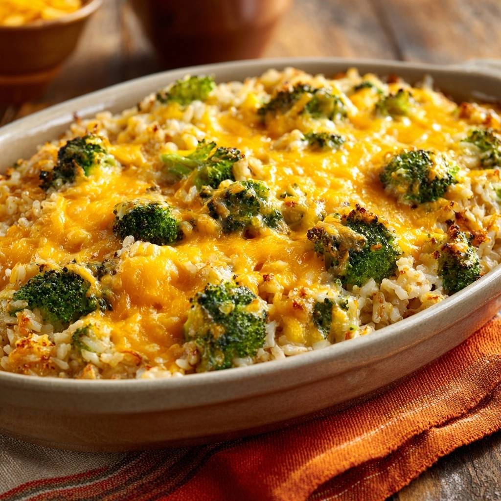 Cheesy broccoli rice casserole with a melted cheddar cheese topping, showing crisp-tender florets.