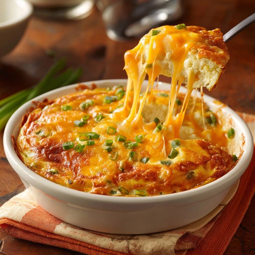 Cheesy cauliflower rice casserole with a slice being lifted, showing gooey melted cheese strands.