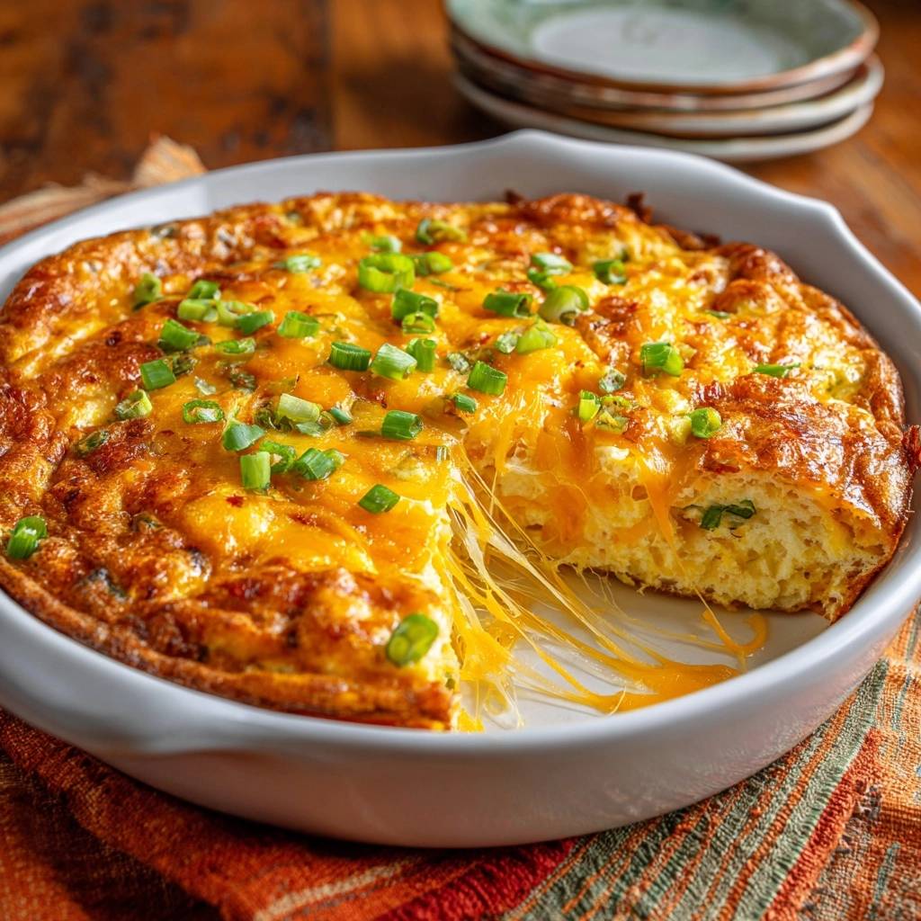 Cheesy cauliflower rice casserole cross-section revealing a gooey cheese pull and fresh green onion garnish.