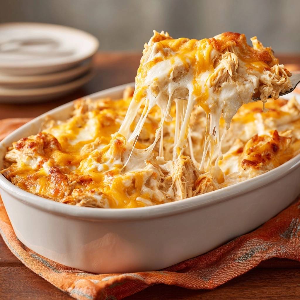 Cheesy chicken casserole with a fork pulling out a stringy, melted cheese section.
