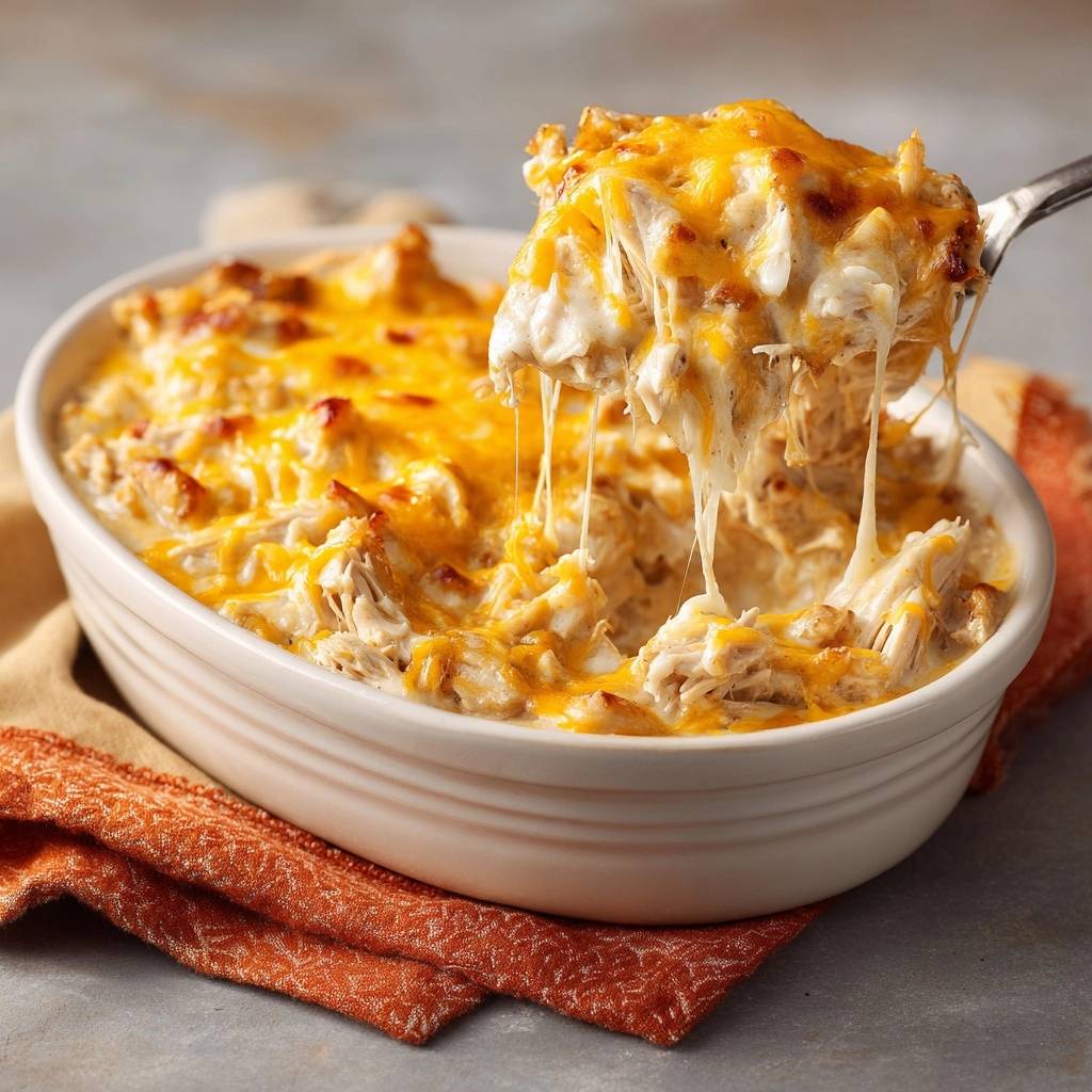 Cheesy chicken casserole with a gooey cheese pull being lifted by a spoon from a white baking dish.