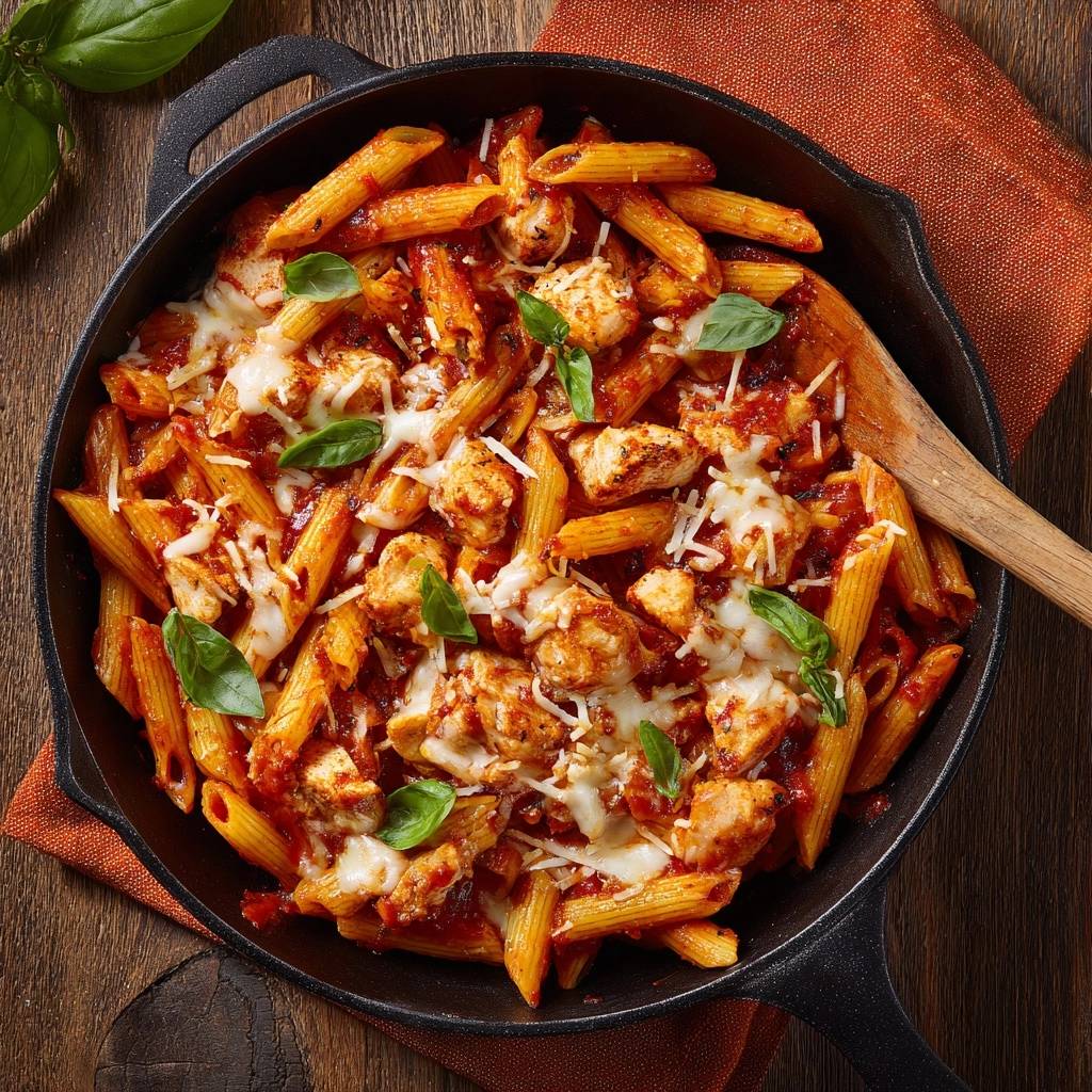 Cheesy chicken penne skillet shown in a cast iron pan from an overhead view, garnished with basil.