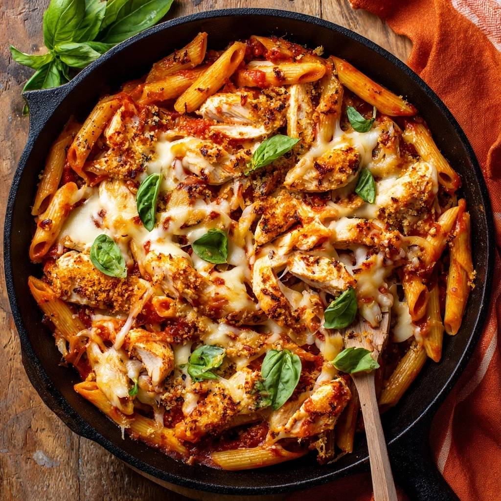 Cheesy chicken penne skillet with melted mozzarella cheese and fresh basil, shown in a close overhead view.
