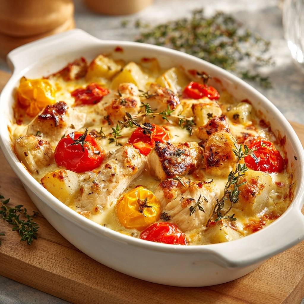 Cheesy chicken potato tomato bake served in a white oval baking dish with cherry tomatoes and herbs.