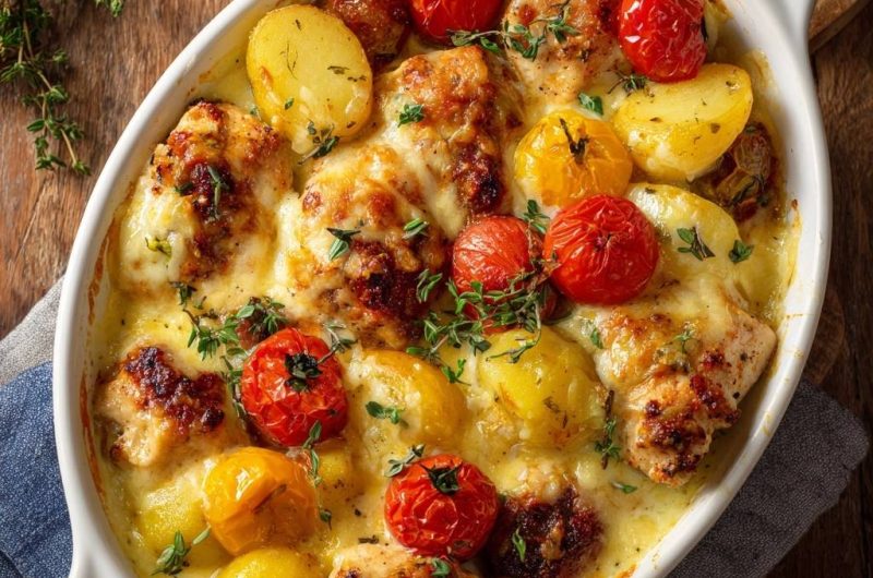 Cheesy Chicken Potato Tomato Bake