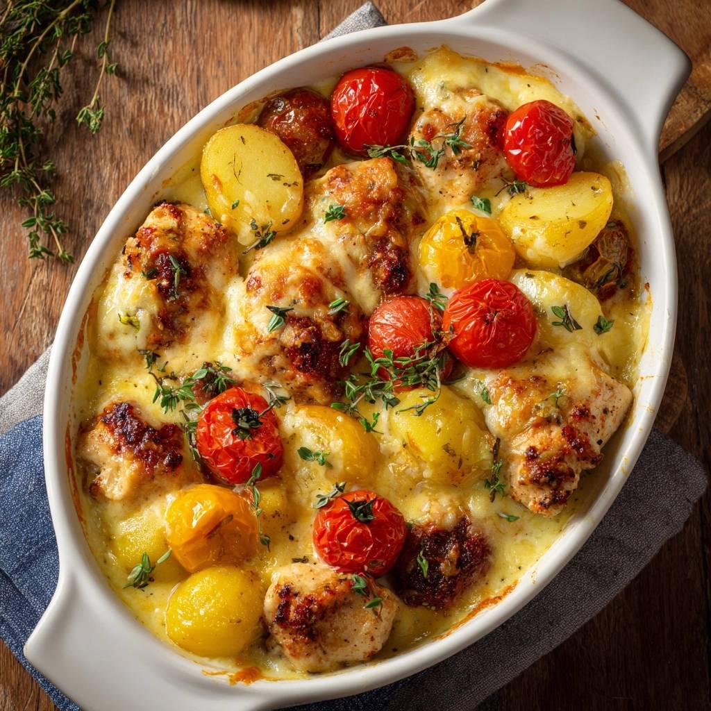Cheesy chicken potato tomato bake served in a white oval dish, viewed from directly overhead.