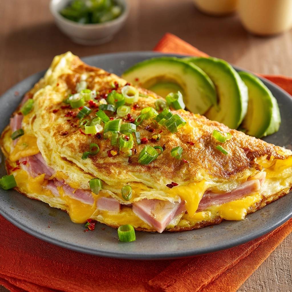 Cheesy ham chive omelette folded with melted cheese and garnished with chives, served with sliced avocado.