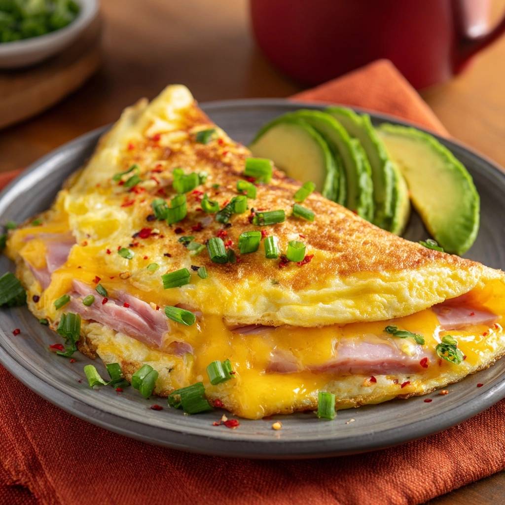 Cheesy ham chive omelette folded and plated with sliced avocado and a sprinkle of chives.