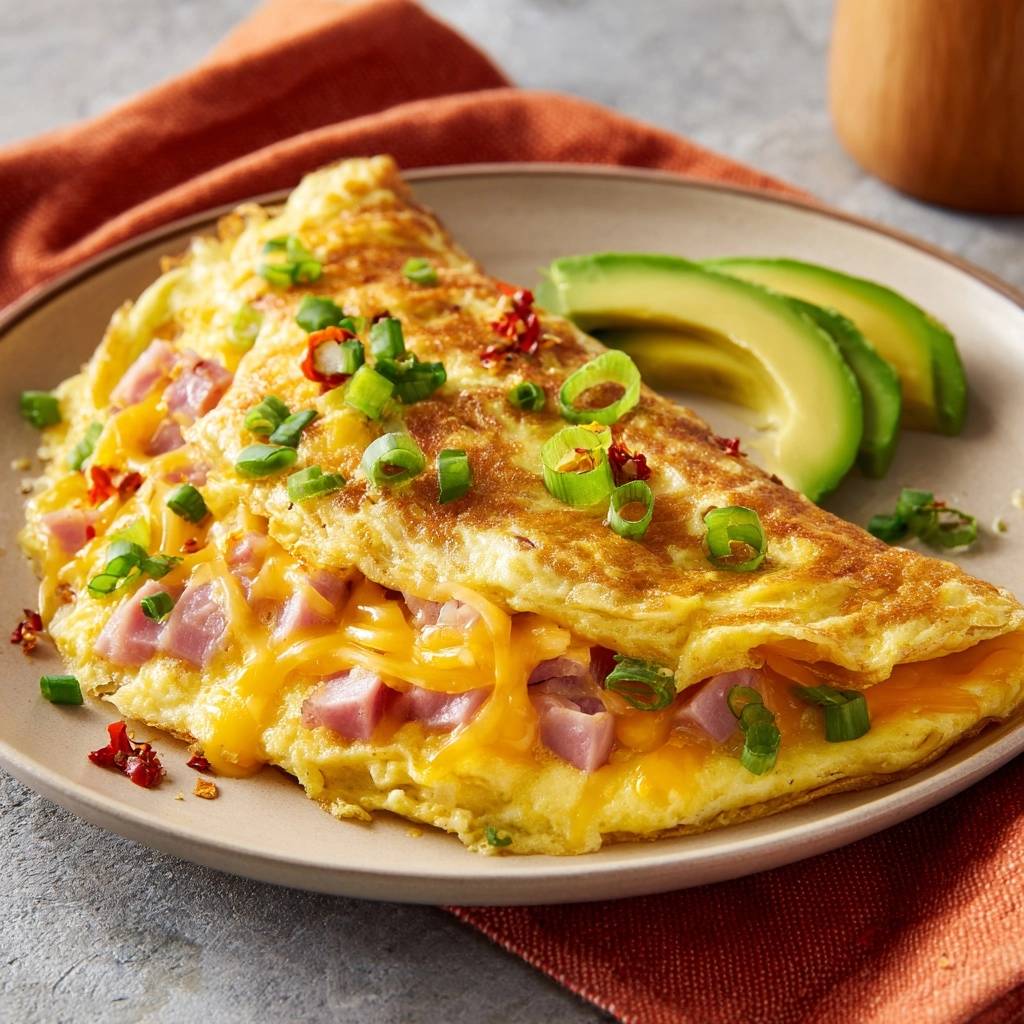 Cheesy ham and scallion omelet folded with sliced avocado on the side, garnished with green onions.