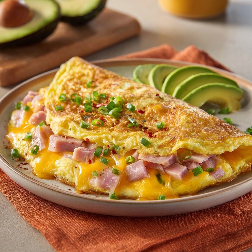 Cheesy ham and scallion omelet folded over melted cheese, garnished with fresh chives and served with avocado slices.