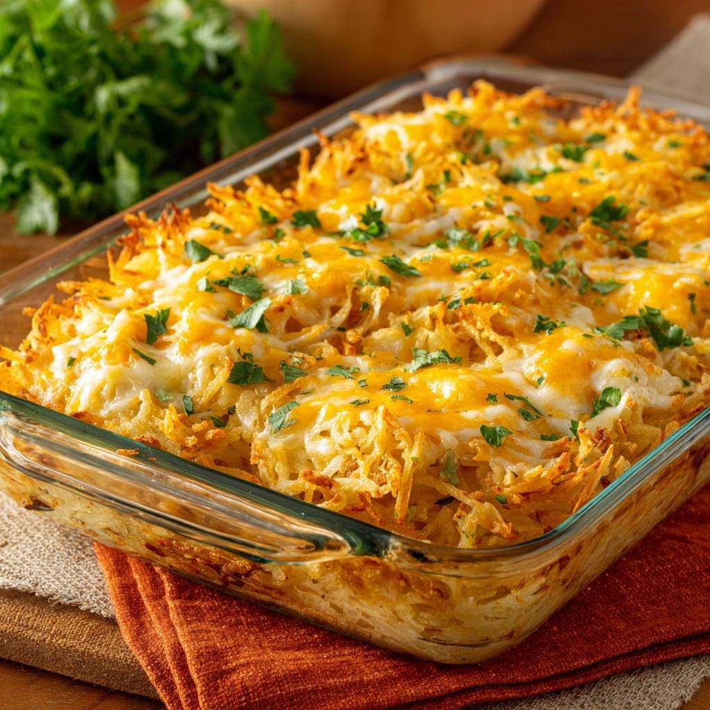 Cheesy hash brown casserole with golden melted cheese and fresh parsley garnish, shown in a glass baking dish.