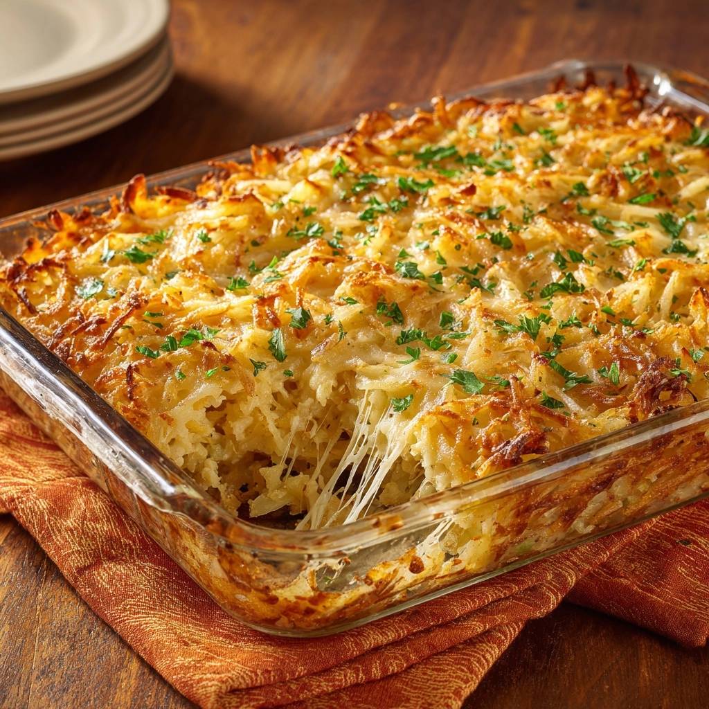 Cheesy hash brown casserole showing a gooey cheese pull as it's scooped from the glass baking dish.
