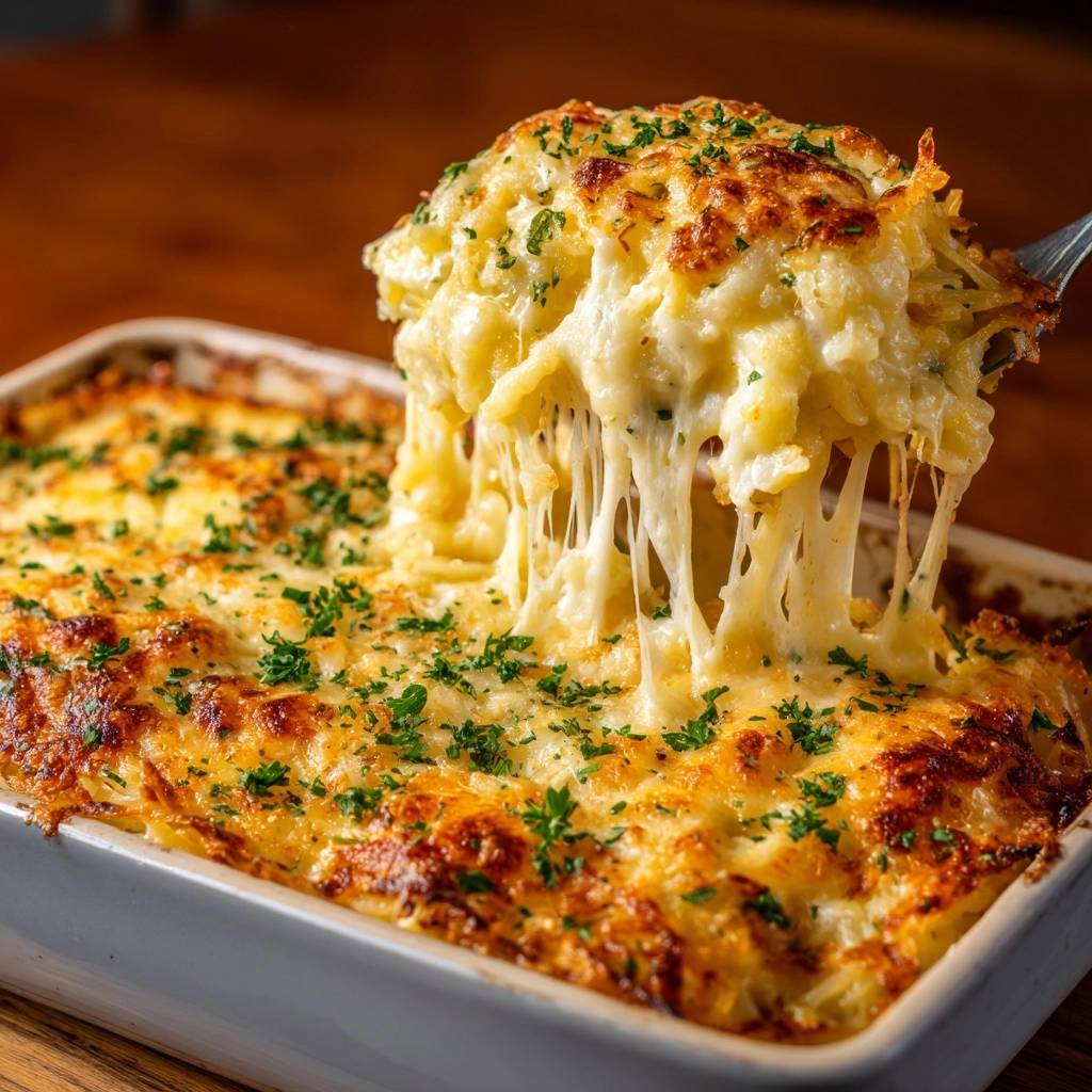Gooey cheesy hash brown casserole recipe with a fork lifting a serving, showing a dramatic cheese pull.