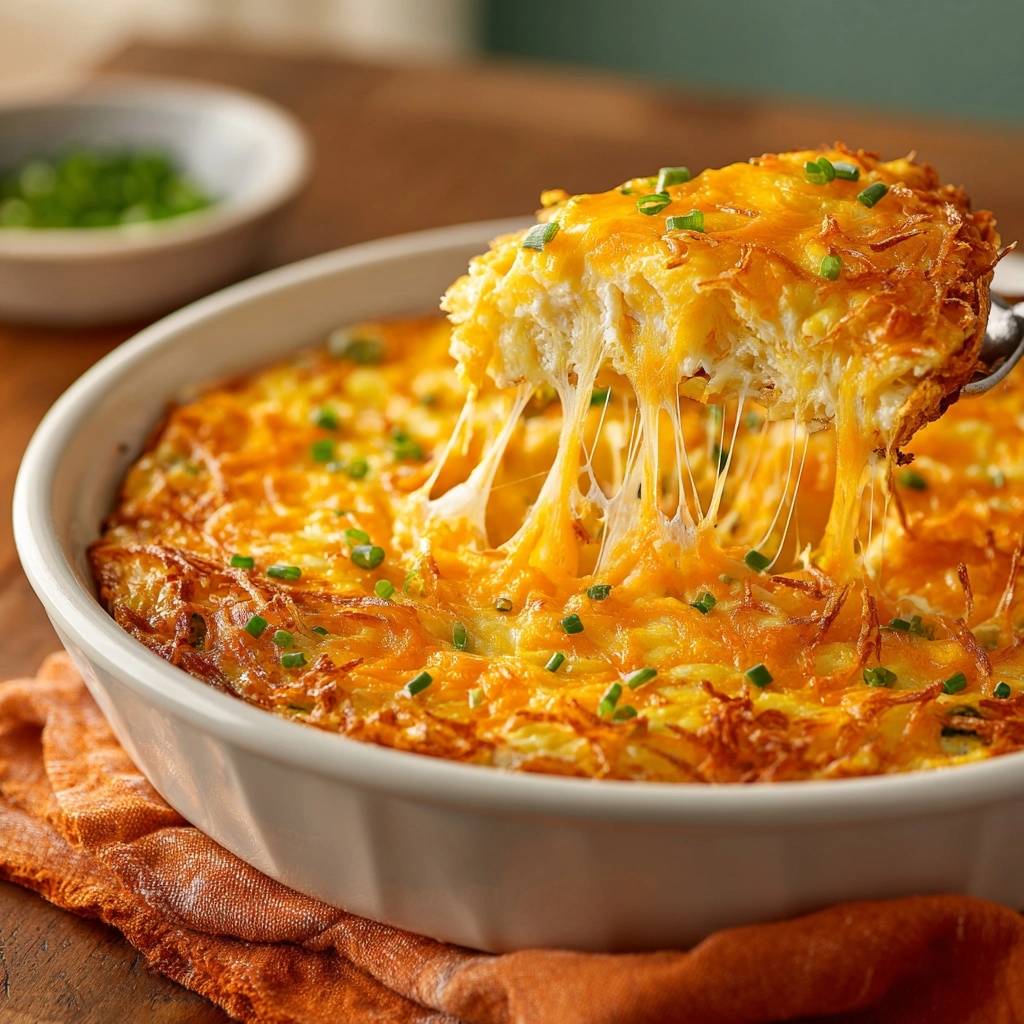 Cheesy hash brown casserole with a gooey cheese pull being lifted on a serving spoon, garnished with chives.