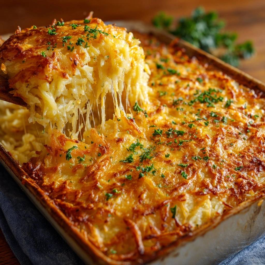 Gooey cheesy hash brown casserole with a generous cheese pull, garnished with fresh parsley.