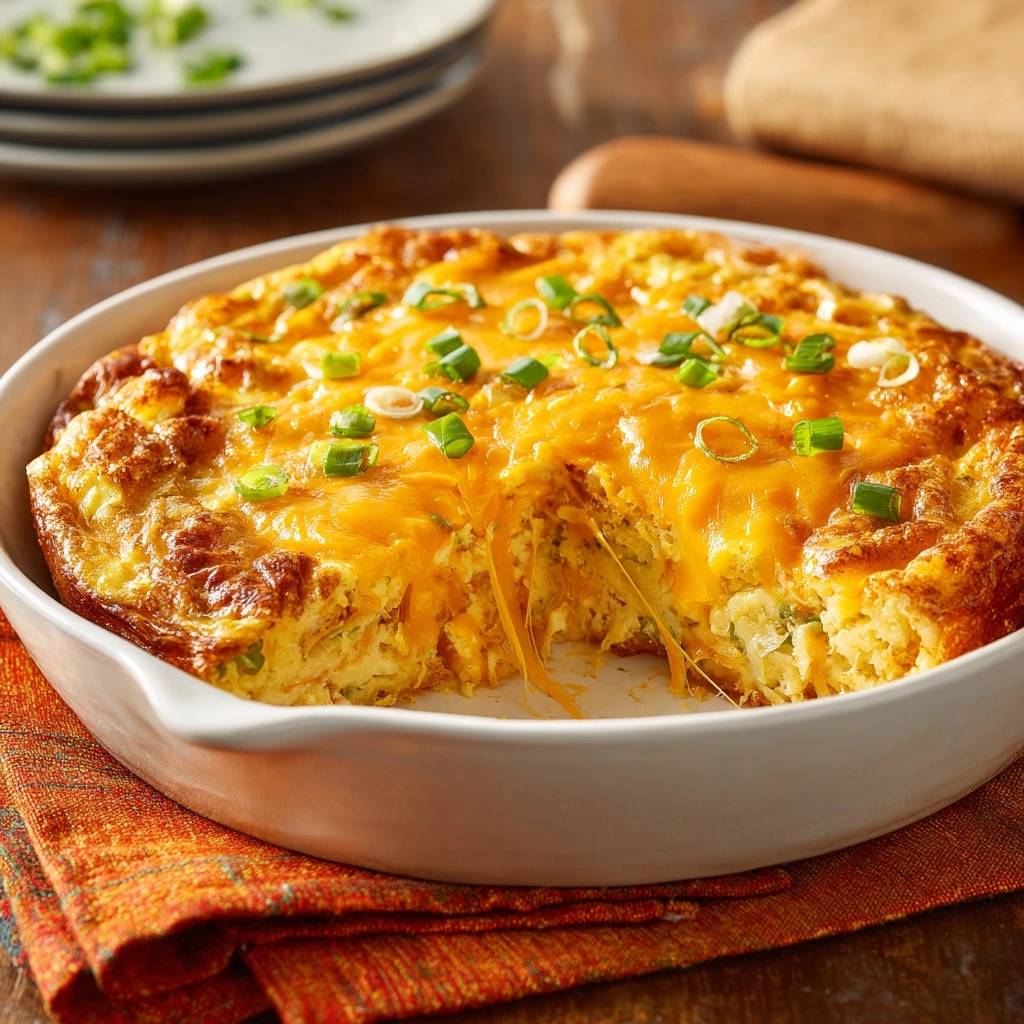 Cheesy hash brown casserole with a gooey, melted cheese interior, topped with fresh green onions.