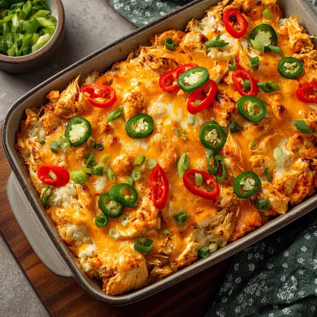 Cheesy jalapeño chicken rice casserole recipe shown from above, generously garnished with sliced jalapeños and red chili peppers.