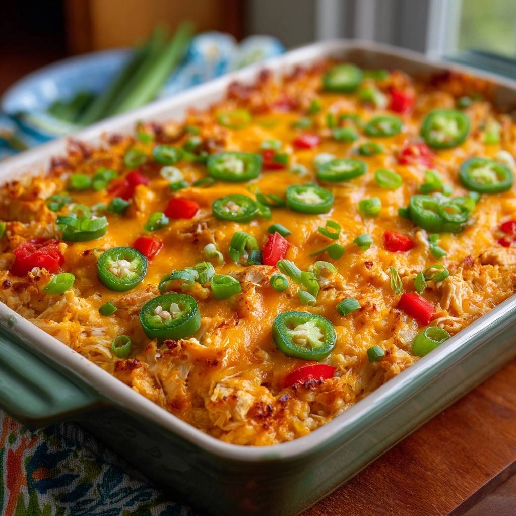 Cheesy jalapeño chicken rice casserole recipe shown in a baking dish, topped with sliced jalapeños and green onions.