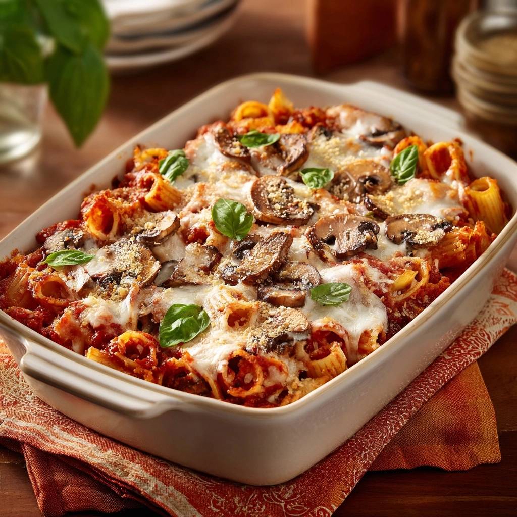 Cheesy mushroom rigatoni bake freshly baked in a white casserole dish, topped with melted mozzarella and fresh basil.