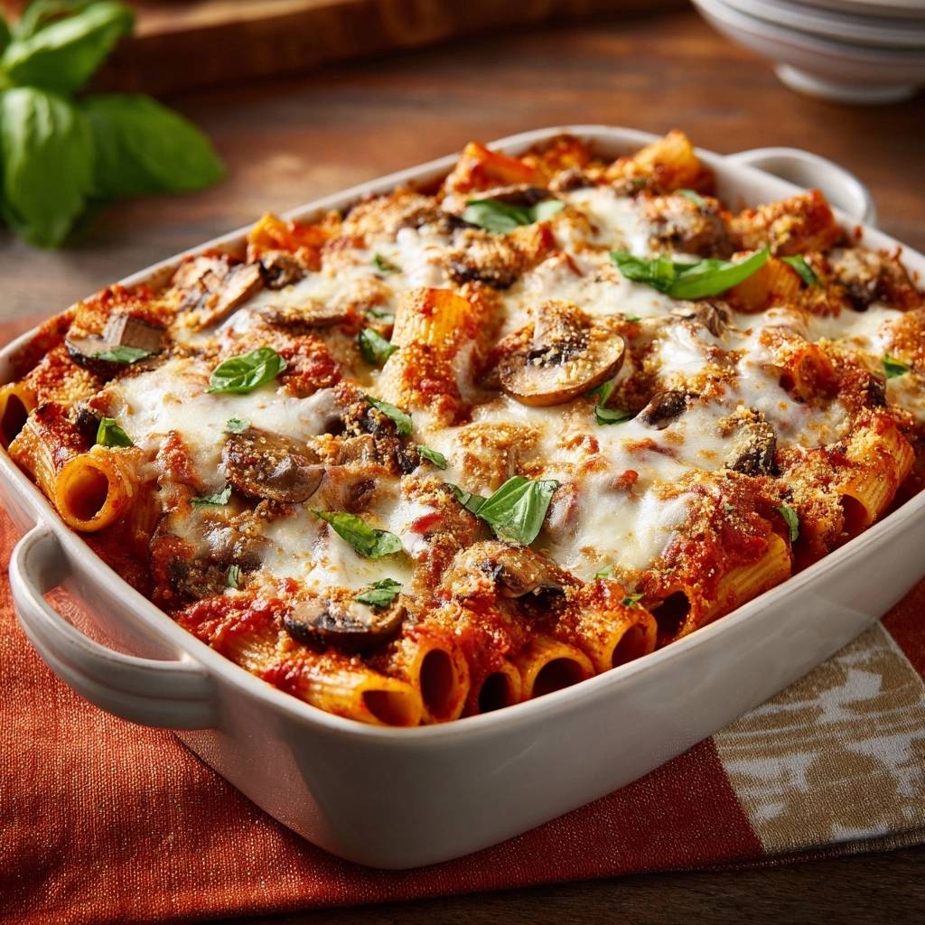 Cheesy mushroom rigatoni bake with a golden-brown cheese topping and fresh basil garnish, close-up view.