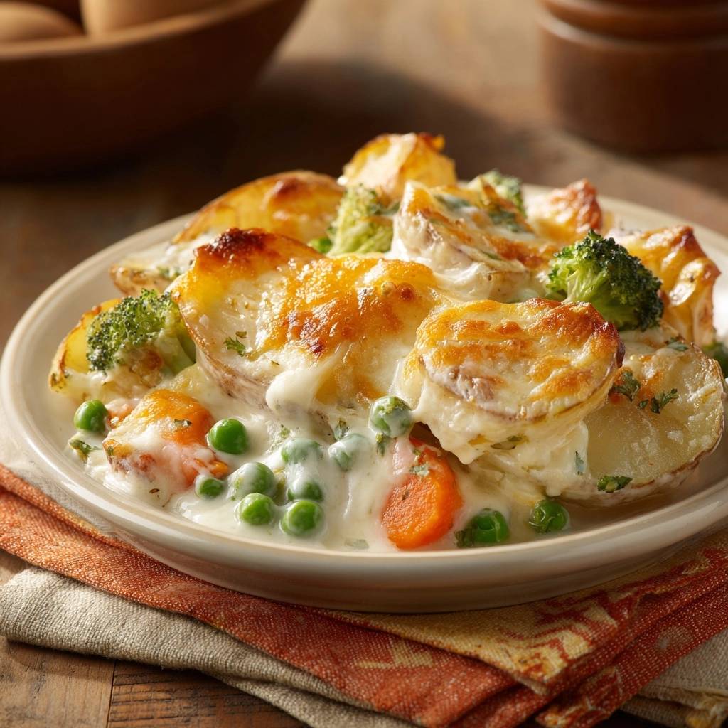 Cheesy potato veggie casserole showing a close-up of the creamy sauce with visible potatoes, broccoli, and carrots.