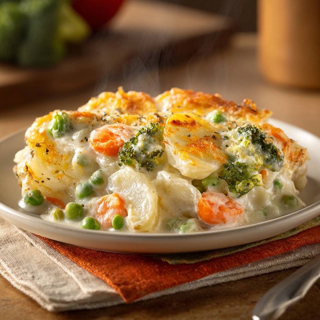 Cheesy potato veggie casserole, a steaming close-up showcasing creamy potatoes, broccoli, carrots, and peas baked to perfection.