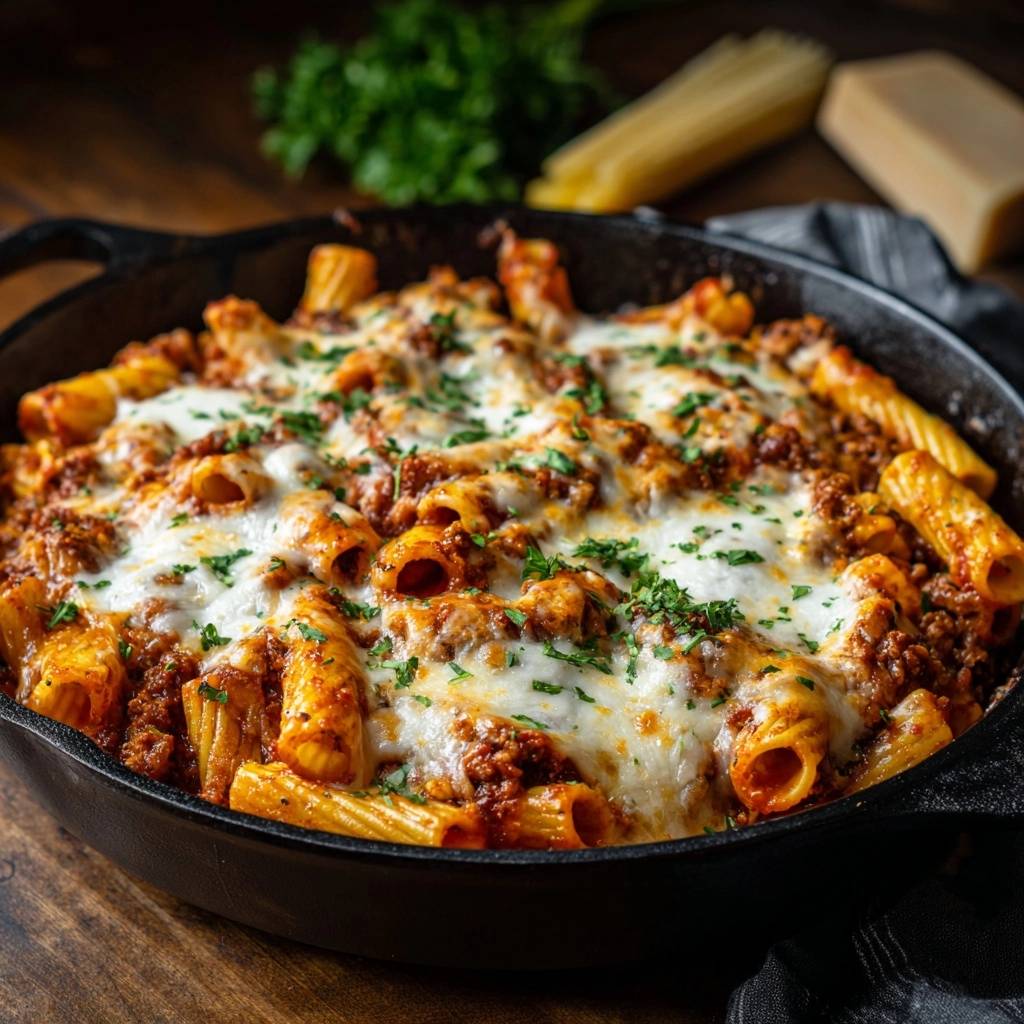 Cheesy Skillet Beef Rigatoni topped with melted mozzarella cheese and fresh parsley in a cast iron pan.
