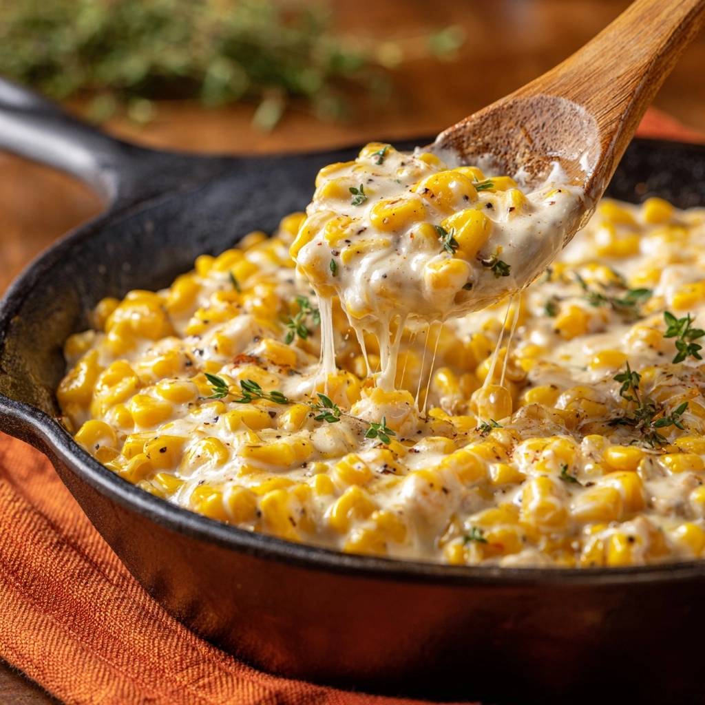 Cheesy skillet creamed corn with a gooey cheese pull being lifted by a wooden spoon.