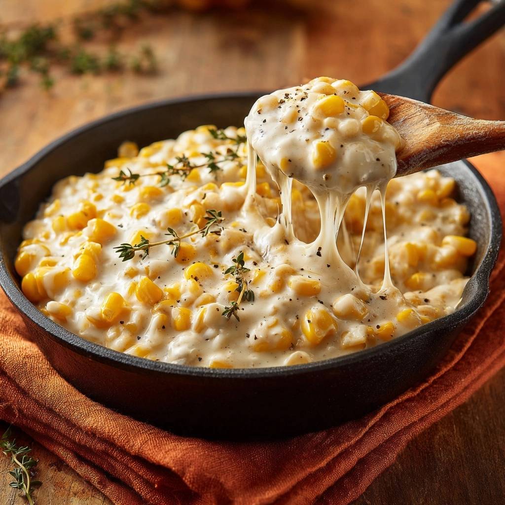 Cheesy skillet creamed corn with a wooden spoon lifting a gooey portion, showing melted cheese strings.